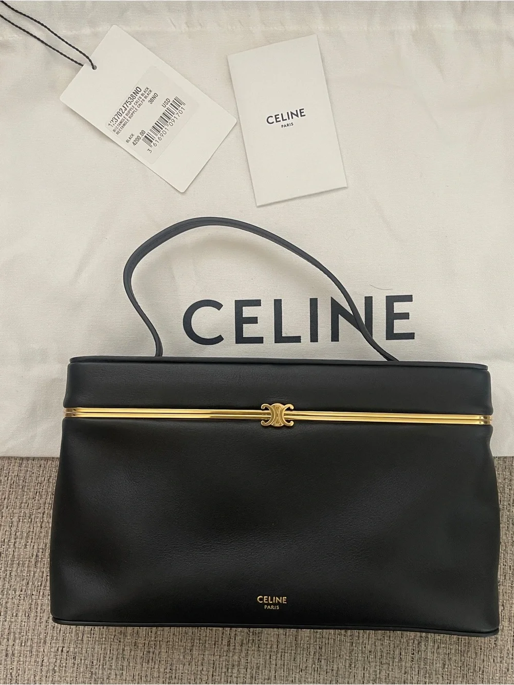 Celine rectangle Black Leather Top-Handle Satchel with Gold Hardware